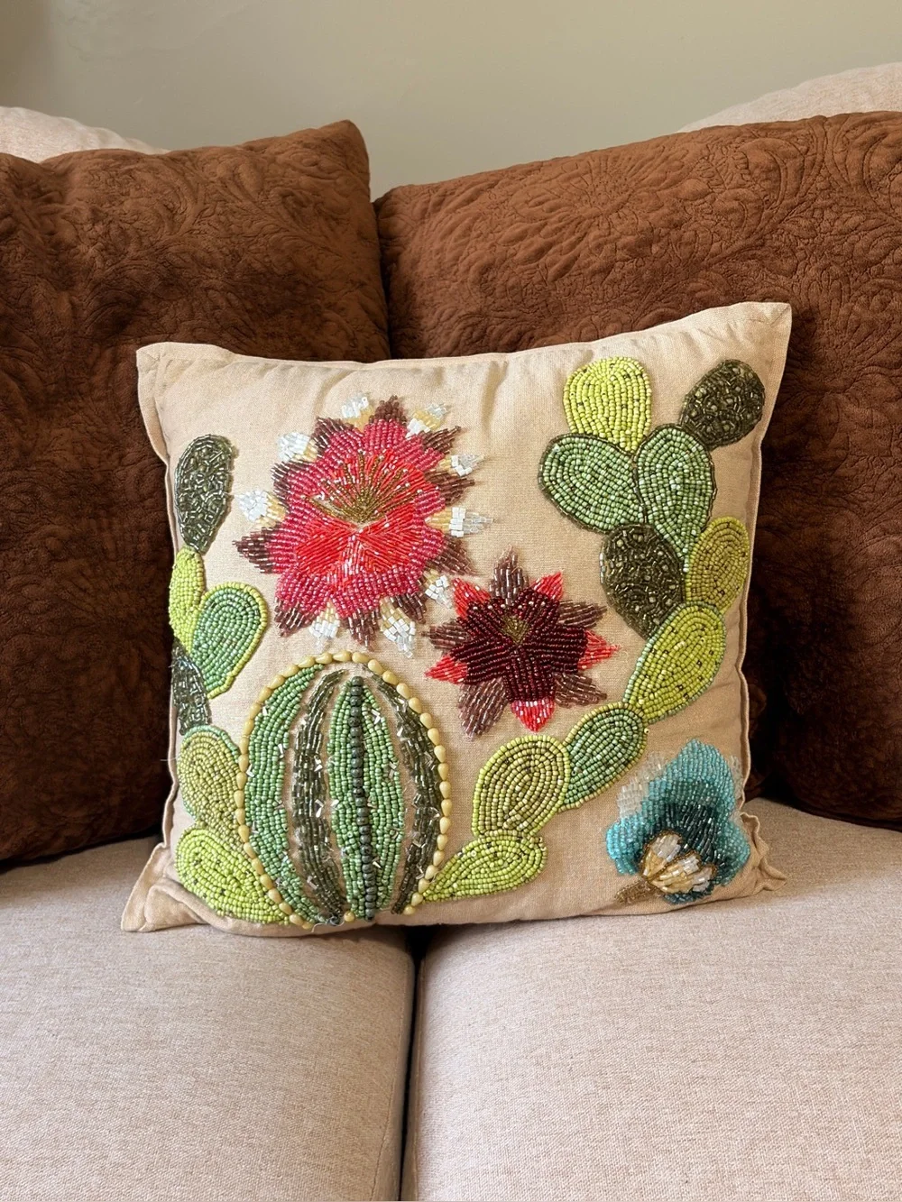 PIER 1 Beaded Cactus Floral Decorative Pillow - Tan Background 12